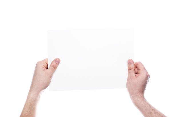 istock Hands holding a white card isolated on white background 496397053