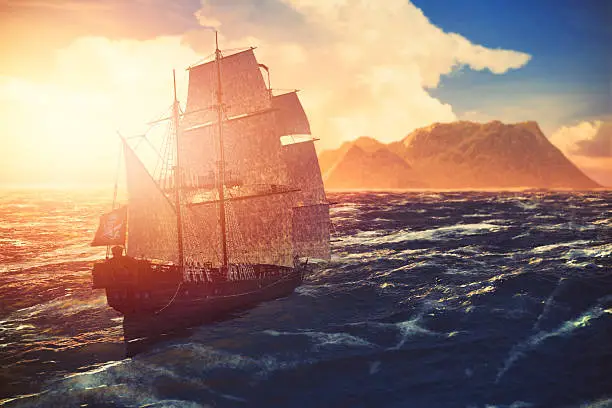 Pirate ship sailing towards lonely island at sunset.