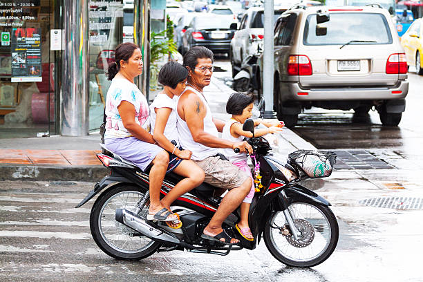 Bangkok,Thailand - May 7, 2014: Capture of Thai family on one motorcycle. Man is driving. One girl is sitting in front and one in back of him. Behind all woman is sitting. Street is wet after rain, In street are some cars. Behind family is sidewalk and shop. Street is Chokchai 4 in Ladprao.