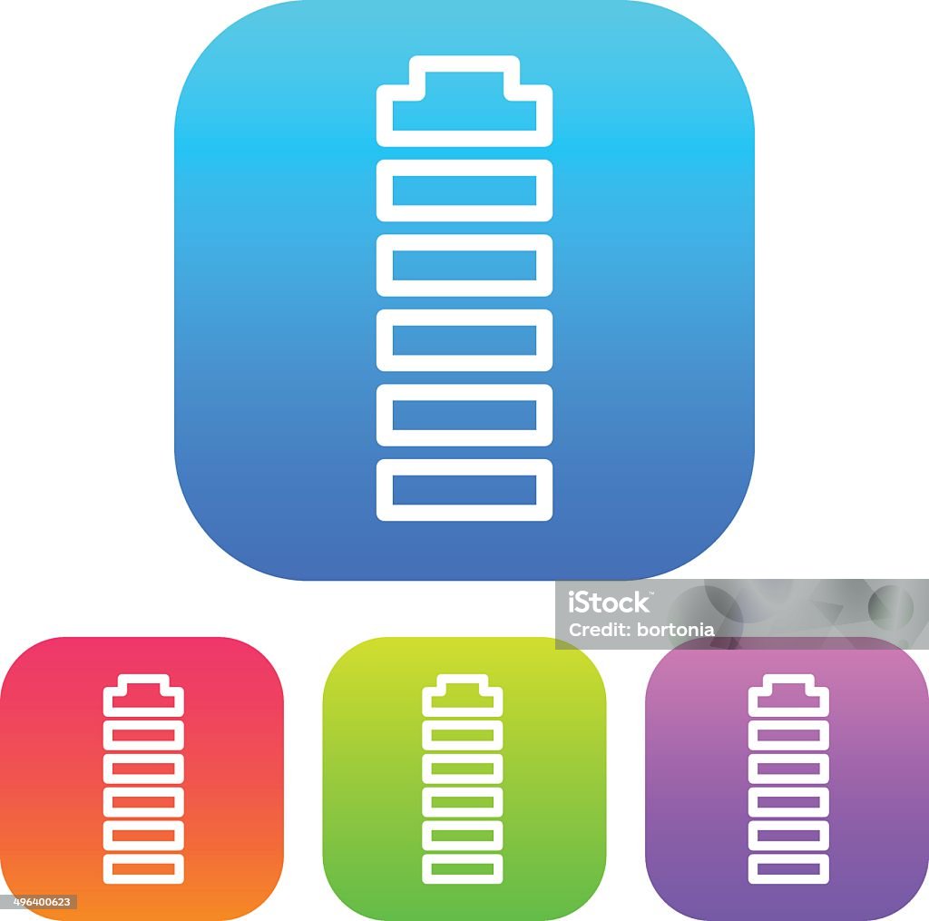 Superlight Interface Battery Icon A super lightweight iOS7-style interface icon reversed on four different colored round corner squares: Blue, orange, green and purple. Line weights are super thin and modern. No transparencies were used. Battery stock vector