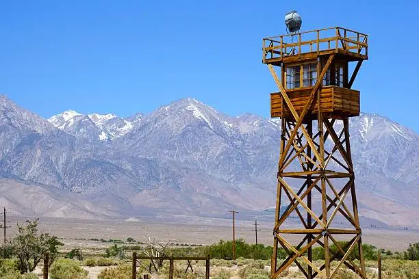 Guard tower at the Manzanar National Historic Site in California. Manzanar was a relocation center where the US government under  President Franklin D Roosevelt ordered the incarceration of over 110,000 Japanese-Americans during World War II.