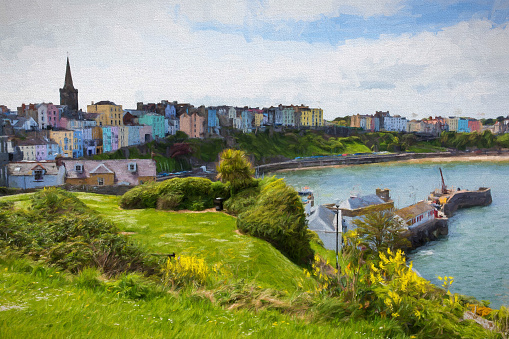 Tenby town and harbour Pembrokeshire Wales uk illustration like oil painting