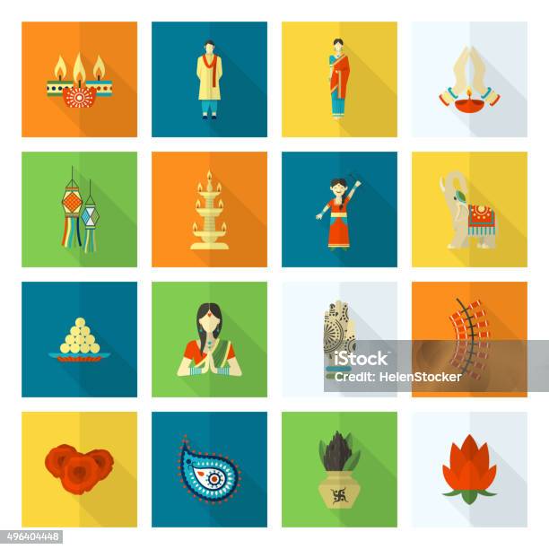 Diwali Indian Festival Icons Stock Illustration - Download Image Now - 2015, Buddhism, Candle