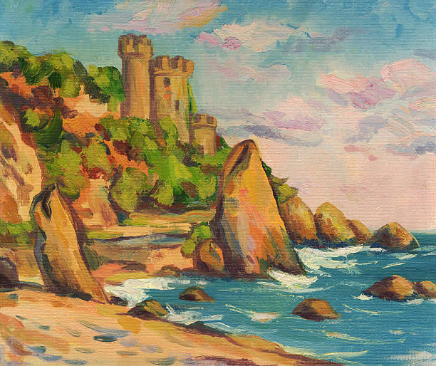 seascape with a fortress on the shore. oil painting - girona stock illustrations