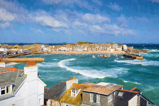 St Ives Cornwall England with harbour and blue sea and sky in this traditional Cornish fishing town illustration like oil painting