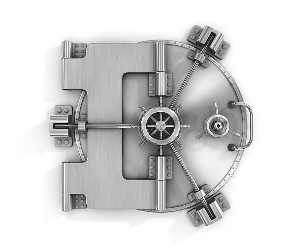 The metallic bank vault door The metallic bank vault door on a white background isolated on white with clipping path. closed photos stock pictures, royalty-free photos & images