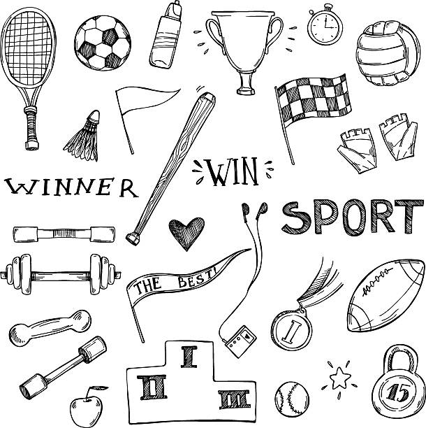 illustrations, cliparts, dessins animés et icônes de main tirées des illustrations vectorielles. ensemble de sport et de remise en forme. icônes de croquis - medal soccer success winning