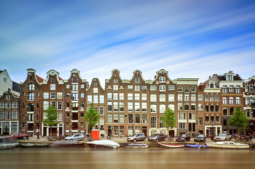 Beautiful long exposure of the canal houses at the UNESCO world heritage Prinsengracht canal in Amsterdam