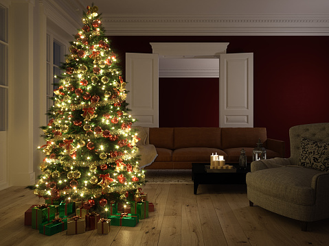 Christmas scene with tree  gifts and fire in background. 3d rendering