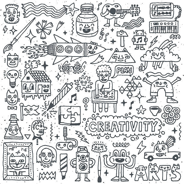 kreativität aktivitäten lustige doodle cartoon set 1. kunst und kunsthandwerk. - great invention stock-grafiken, -clipart, -cartoons und -symbole