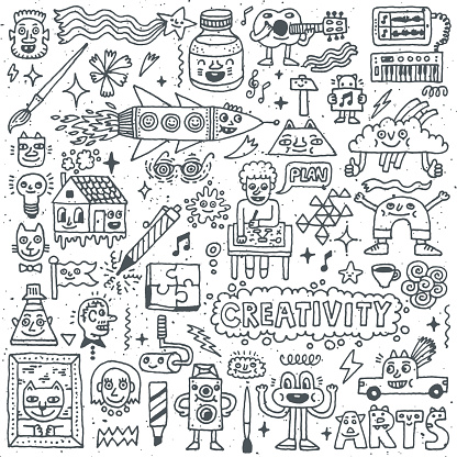 Creativity Activities Funny Doodle Cartoon Set 1. Arts and Crafts. Vector Hand Drawn Illustration Pattern.