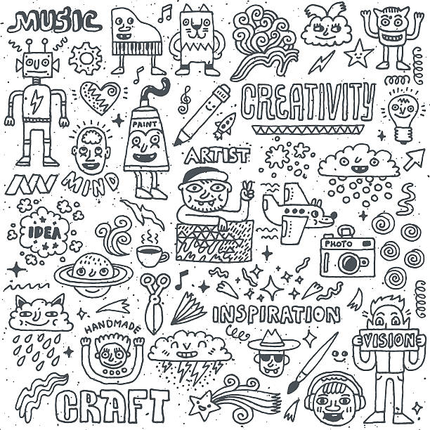 ilustrações, clipart, desenhos animados e ícones de criatividade atividades engraçado doodle desenho defina 2. artes e artesanato. - dog school audio
