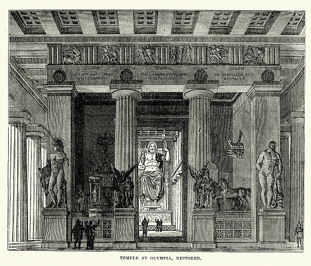 Ancient Greece - Temple of Zeus, Olympia Vintage engraving of the Temple of Zeus, Olympia. The temple housed the renowned statue of Zeus, which was one of the Seven Wonders of the Ancient World. greco stock illustrations