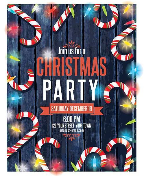 Vector illustration of Party Invitation On Wood With Christmas Lights and Candy canes