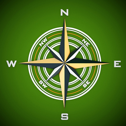 Compass illustration on green background.