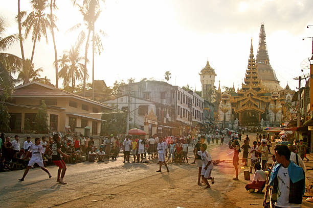 The Shwedagon Pagoda, also known as the Golden Pagoda, is a 98-metre gilded stupa located in Yangon, Burma. It is the most sacred Buddhist pagoda for the Burmese with relics of the past four Buddhas enshrined within.