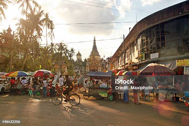 People Crowding A Street Market In Yangon Myanmar Stock Photo - Download Image Now - Yangon, Myanmar, Market - Retail Space