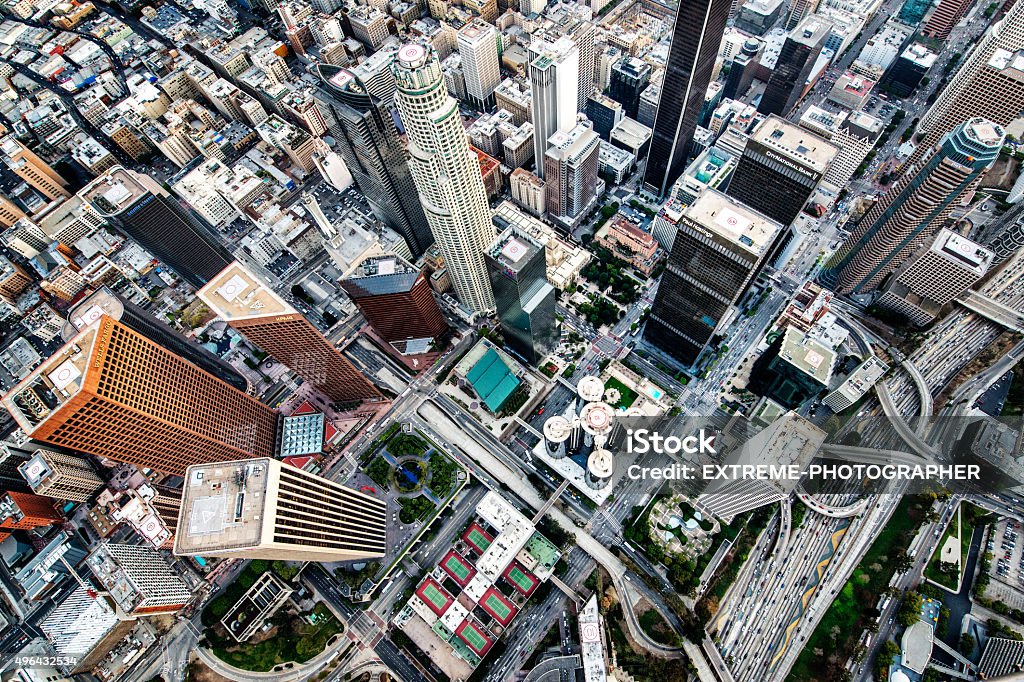 Los Angeles streets - view from the sky Helicopter point of view of Los Angeles skyscrapers and streets viewed directly from above. Many details are visible in the image. High Angle View Stock Photo