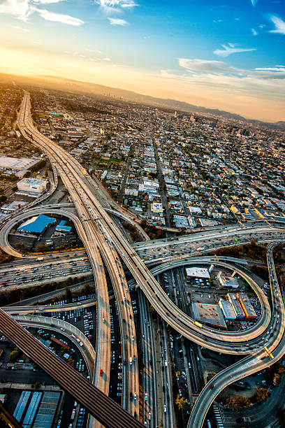 istock Aerial view of road interchanges at dusk 496432754