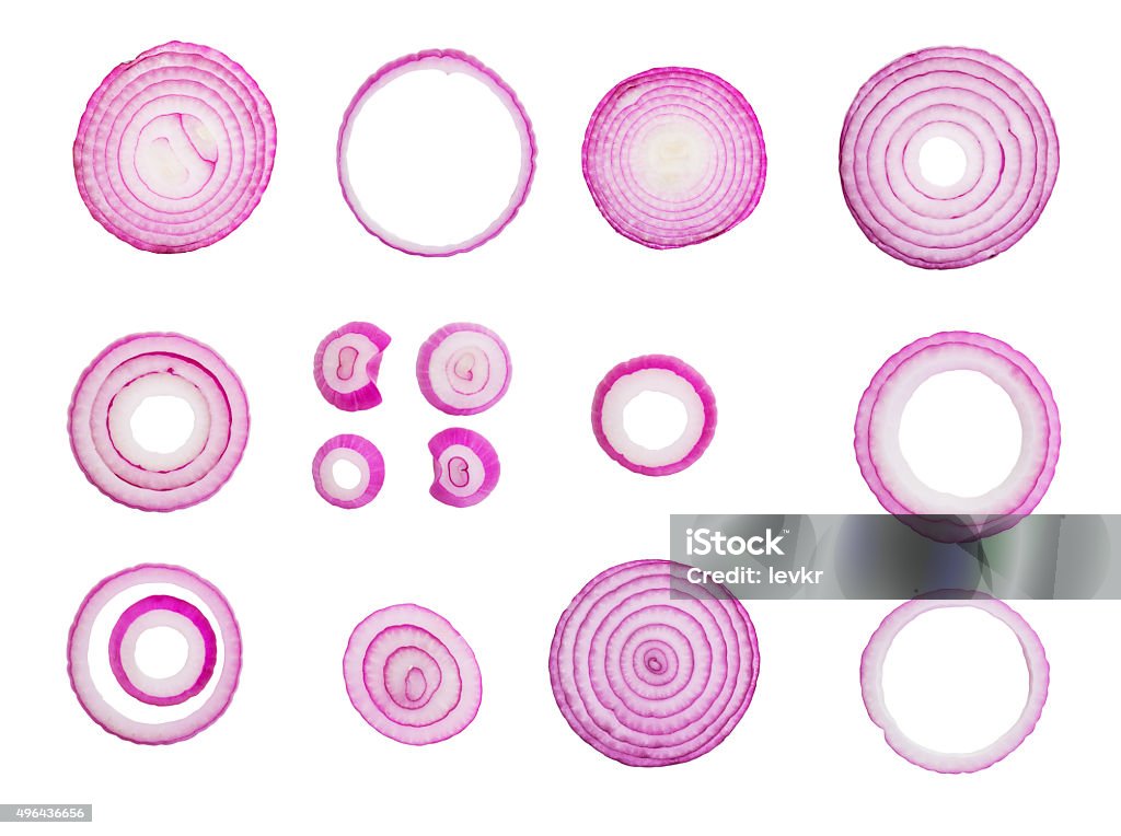sliced red onions sliced red onions set isolated on white background,top view Onion Stock Photo