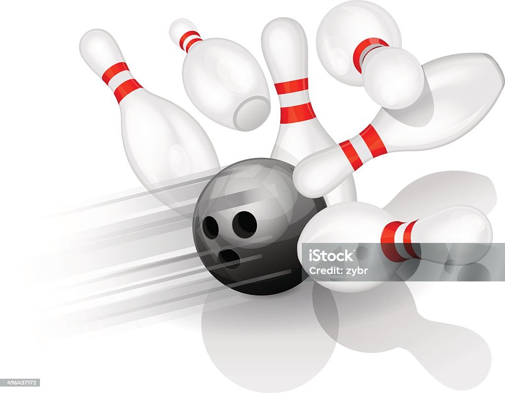 Bowling ball crashing into the pins Black bowling ball crashing into the pins Activity stock vector