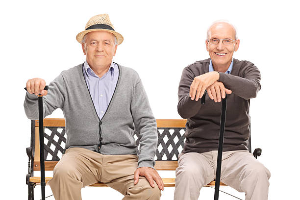 istock Two old friends sitting on a wooden bench 496437530