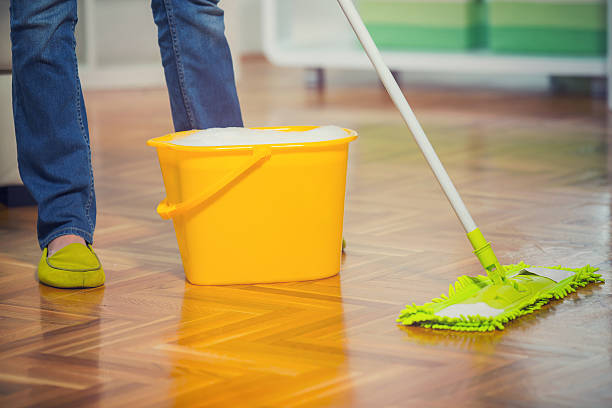 istock Female legs beside bucket with cleanser. 496437540