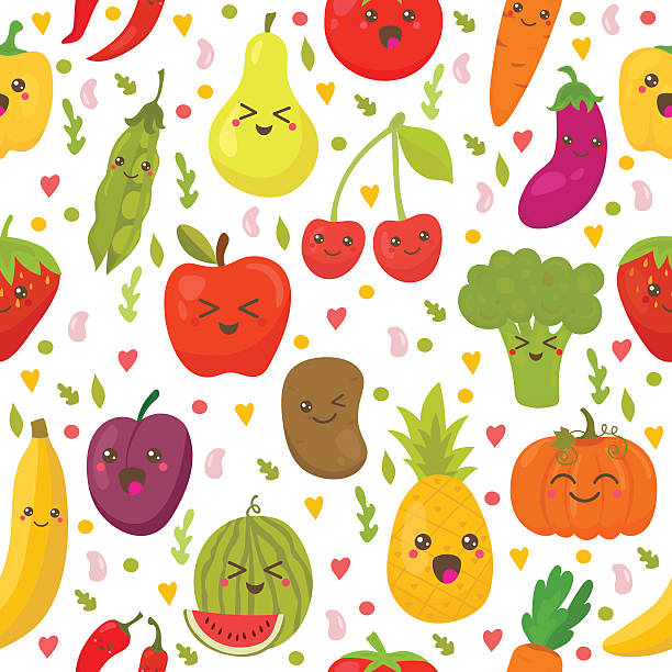 illustrazioni stock, clip art, cartoni animati e icone di tendenza di seamless pattern con verdure fresche e frutta - baby carrot illustrations