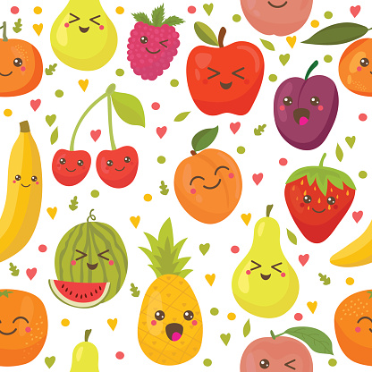 Seamless pattern with happy fruits. Cute background. Vector illustration