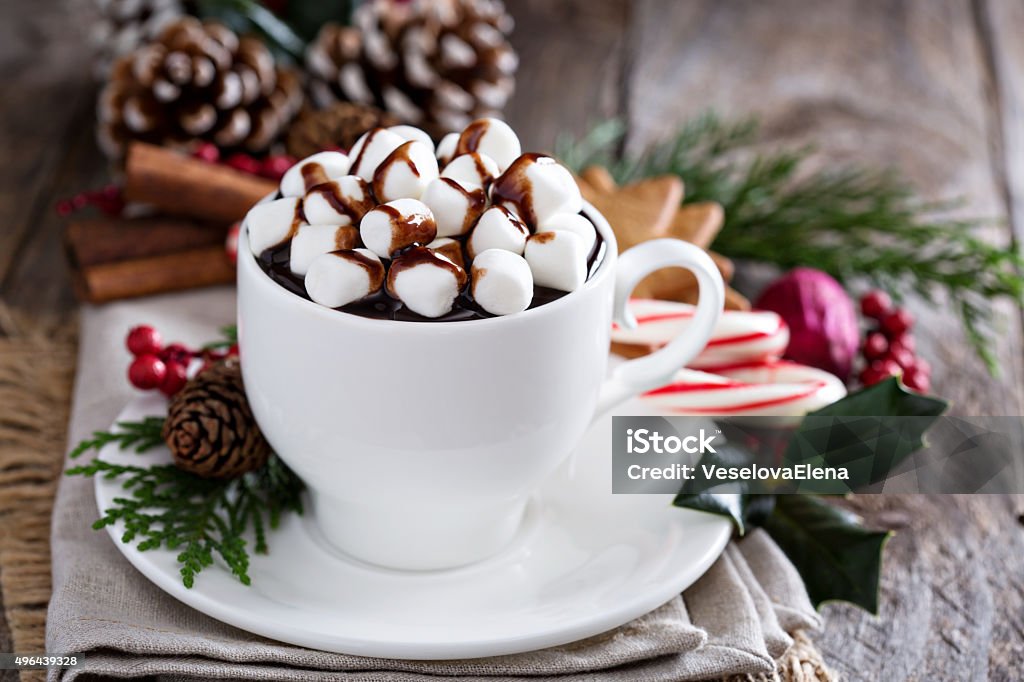 Christmas hot chocolate with ornaments Christmas hot chocolate with ornaments and candy cane 2015 Stock Photo