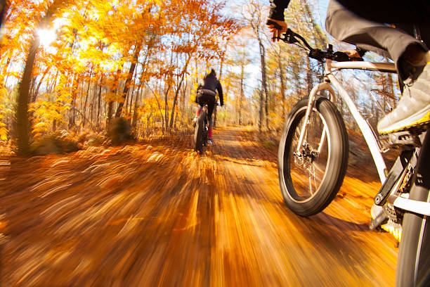 istock Couple riding fatbikes on trails in the fall 496439888