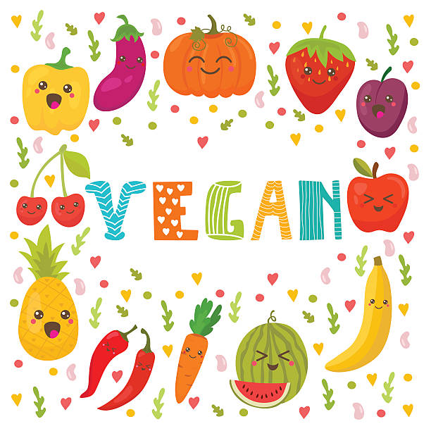 ilustraciones, imágenes clip art, dibujos animados e iconos de stock de vegana alimentos. estilo de vida saludable. linda feliz frutas y verduras - baby carrot