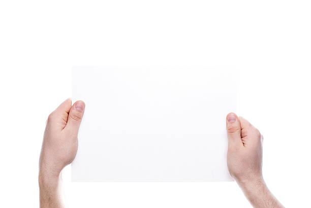 istock Hands holding a white card isolated on white background 496443727