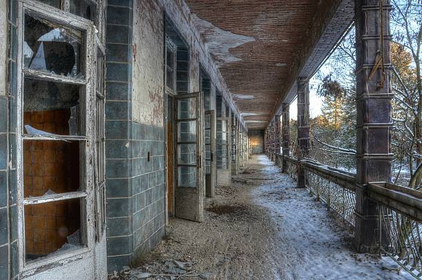 Balcony in the abandoned hospital in Beelitz Old balcony with tiles beelitz stock pictures, royalty-free photos & images