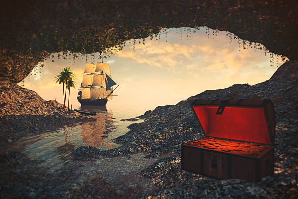 istock Pirate ship sailing towards hidden cave with treasure chest 496444703