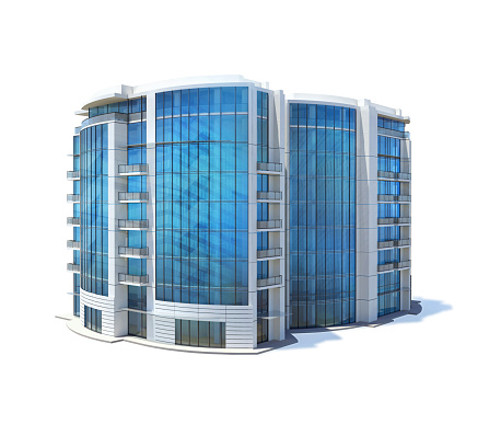 Medium sized office building for business activities, with white concrete walls and blue glass facade reflecting surrounding buildings, isolated on white background with clipping path. The structure is ten storeys high, with balconies. Shadow is left out of clipping path for better editing. White background.
