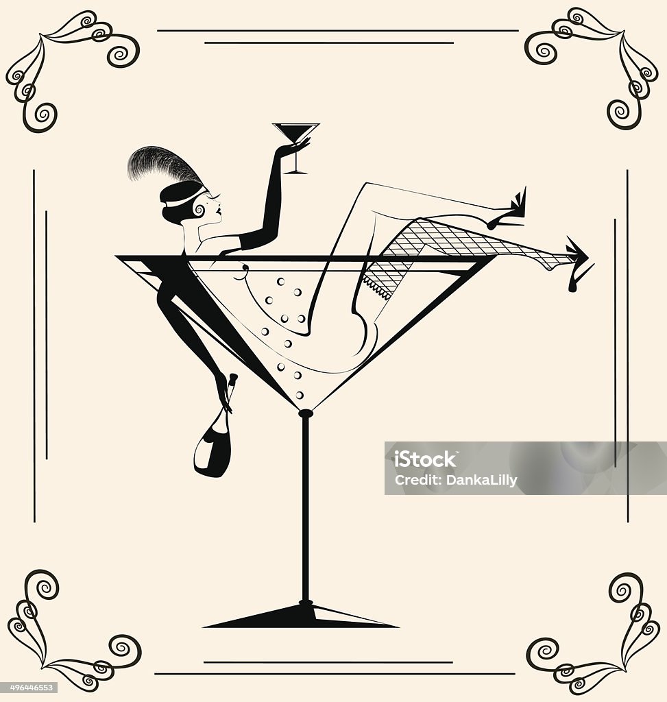 vintage drinking girl in the glass retro sexy girl in the large glass with drink Burlesque Style stock vector