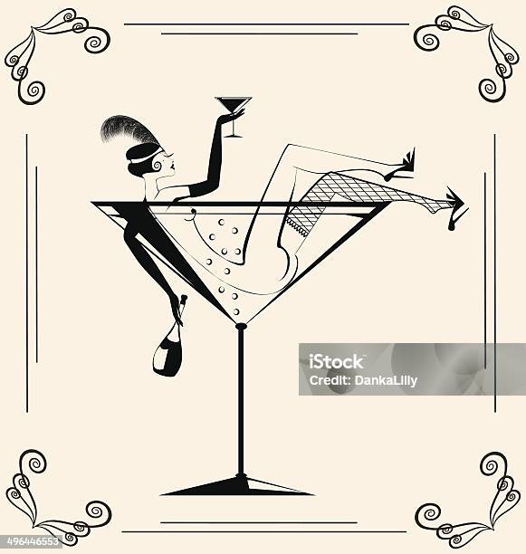 Vintage Drinking Girl In The Glass Stock Illustration - Download Image Now - Burlesque Style, Cabaret, Old-fashioned