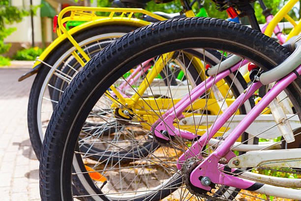 istock Colorful bicycles stand in row on parking lot for rent 496449849