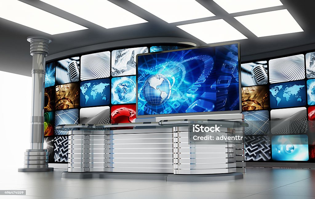 TV studio Television studio room with front desk, HD screen and video wall. Press Room Stock Photo