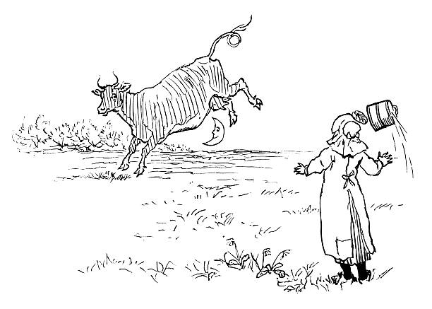 cow wzrosły na księżycu - cow moon nursery rhyme jumping stock illustrations