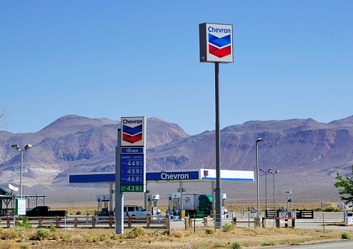 Ridgecrest, California, USA - May 25, 2014: A Chevron gas station in Ridgecrest. Chevron is an American energy company with operations in over 180 countries.