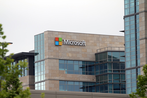 Sunnyvale, CA, USA - May 23, 2014: Façade of the Microsoft building with sign on the top floor