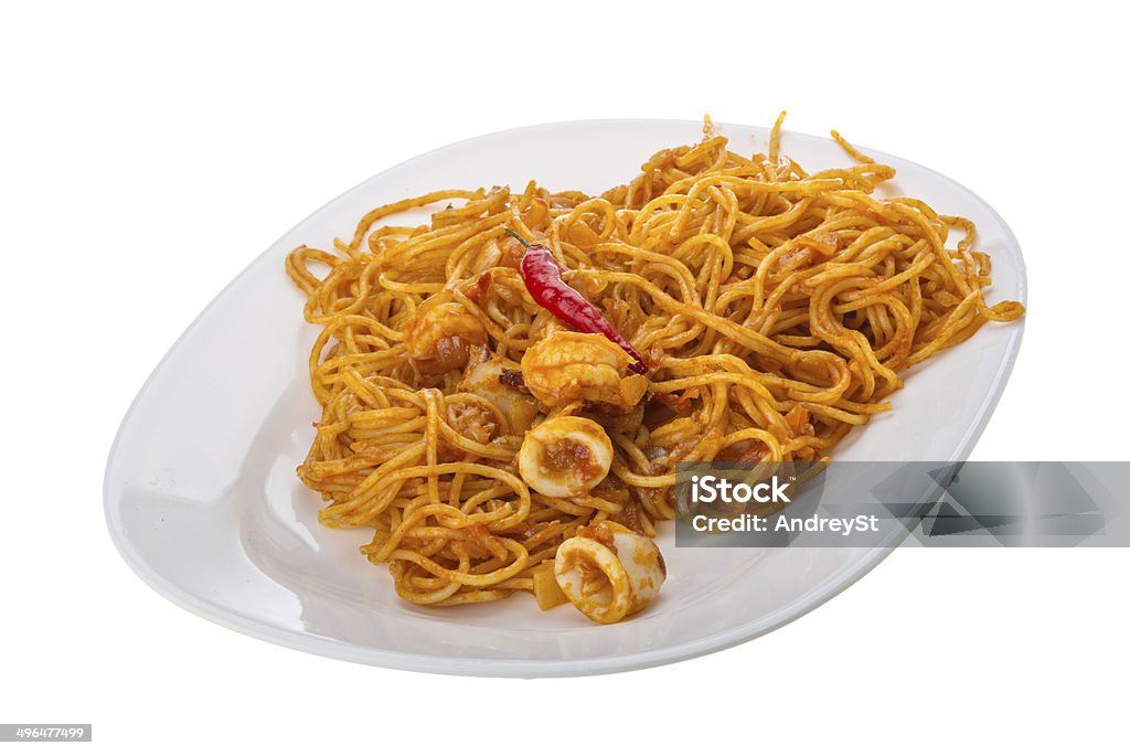 Seafood pasta Seafood pasta with calamari and shrimps Clam - Seafood Stock Photo