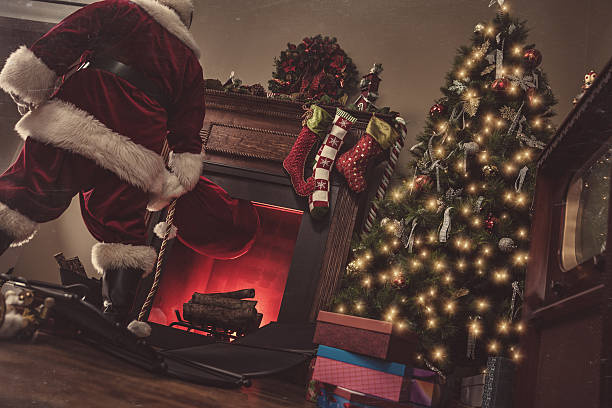 Santa Coming Down Chimney-Vintage