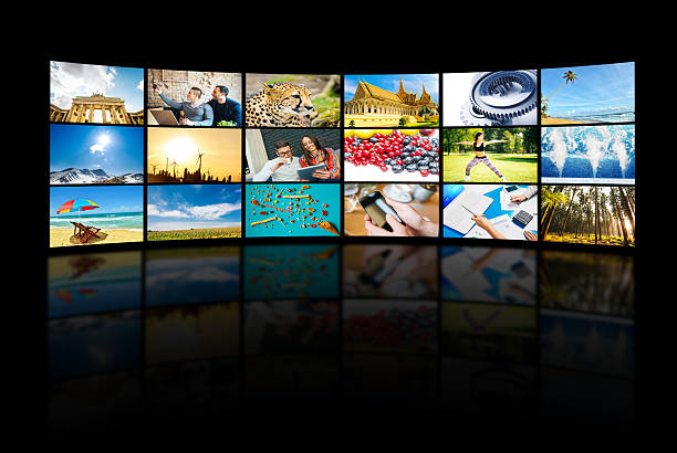 istock Giant TV screen and media concept with different TV channels 496482064