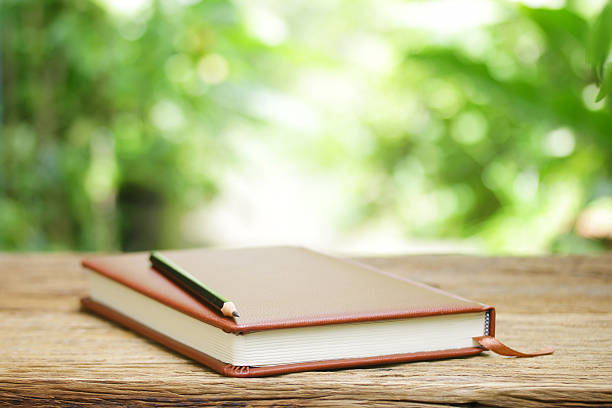 istock Notebook with leather cover on wooden table 496482108