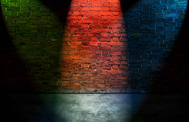 istock Colorful spot lights on brick wall 496482526
