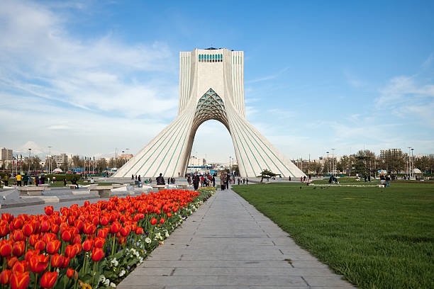 Spring in Tehran with Tulips in Front of Azadi Monument stock photo
