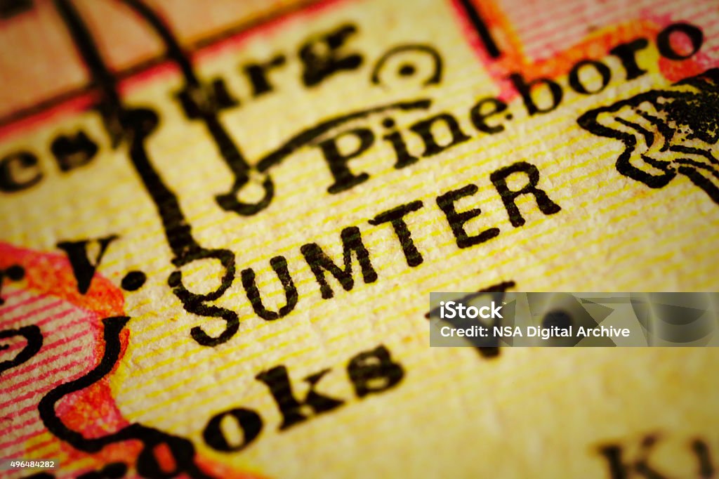 Sumter | Florida County Maps Close up on an antique map of the county of Sumter, state of Florida. Published in 1884; Rand McNally and Co; Chicago. Selective focus and Canon EOS 5D Mark II with MP-E 65mm macro lens. Fort Sumter Stock Photo